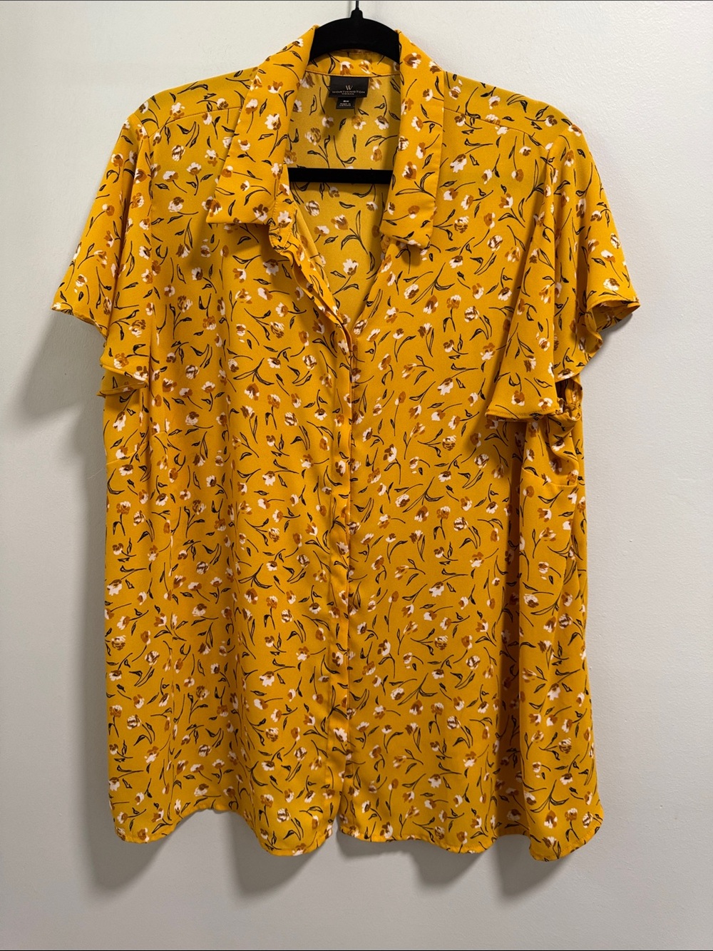 Worthington Flowy Yellow Mustard Floral Button-Front Shirt - , 2X